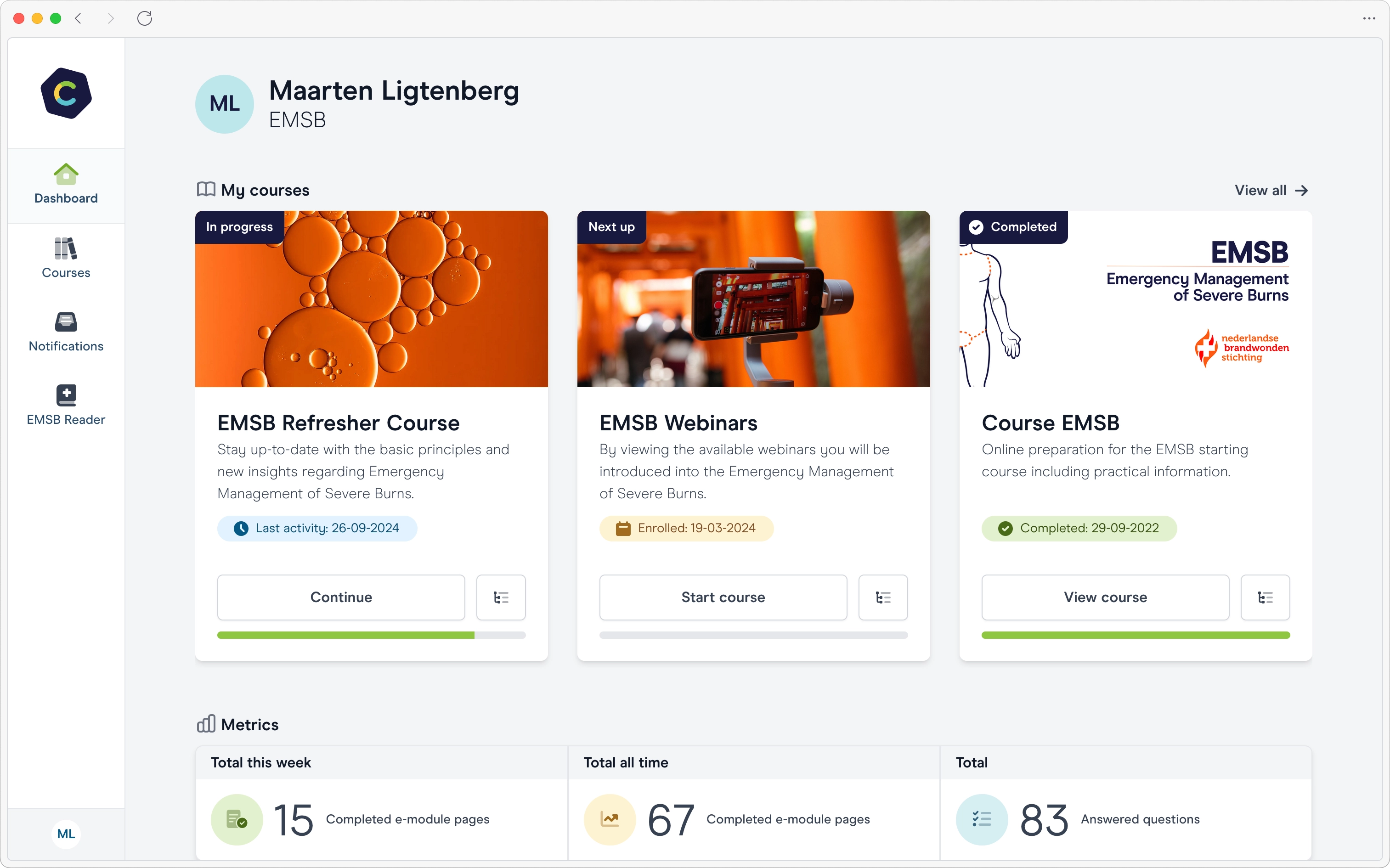 Screenshot of the dashboard of the Carbon learning platform with various courses.