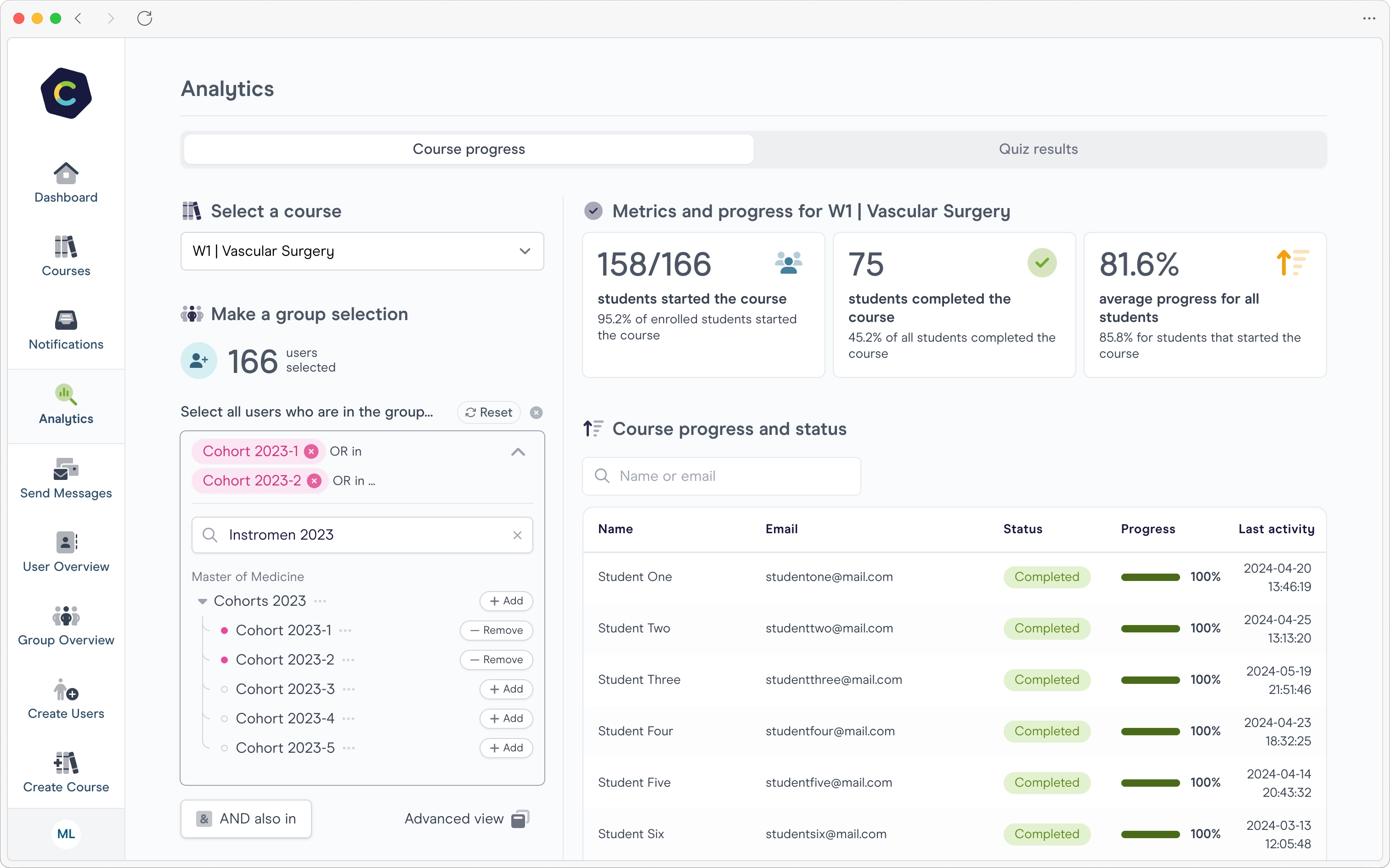 Screenshot of the Carbon learning platform with student progress analytics.
