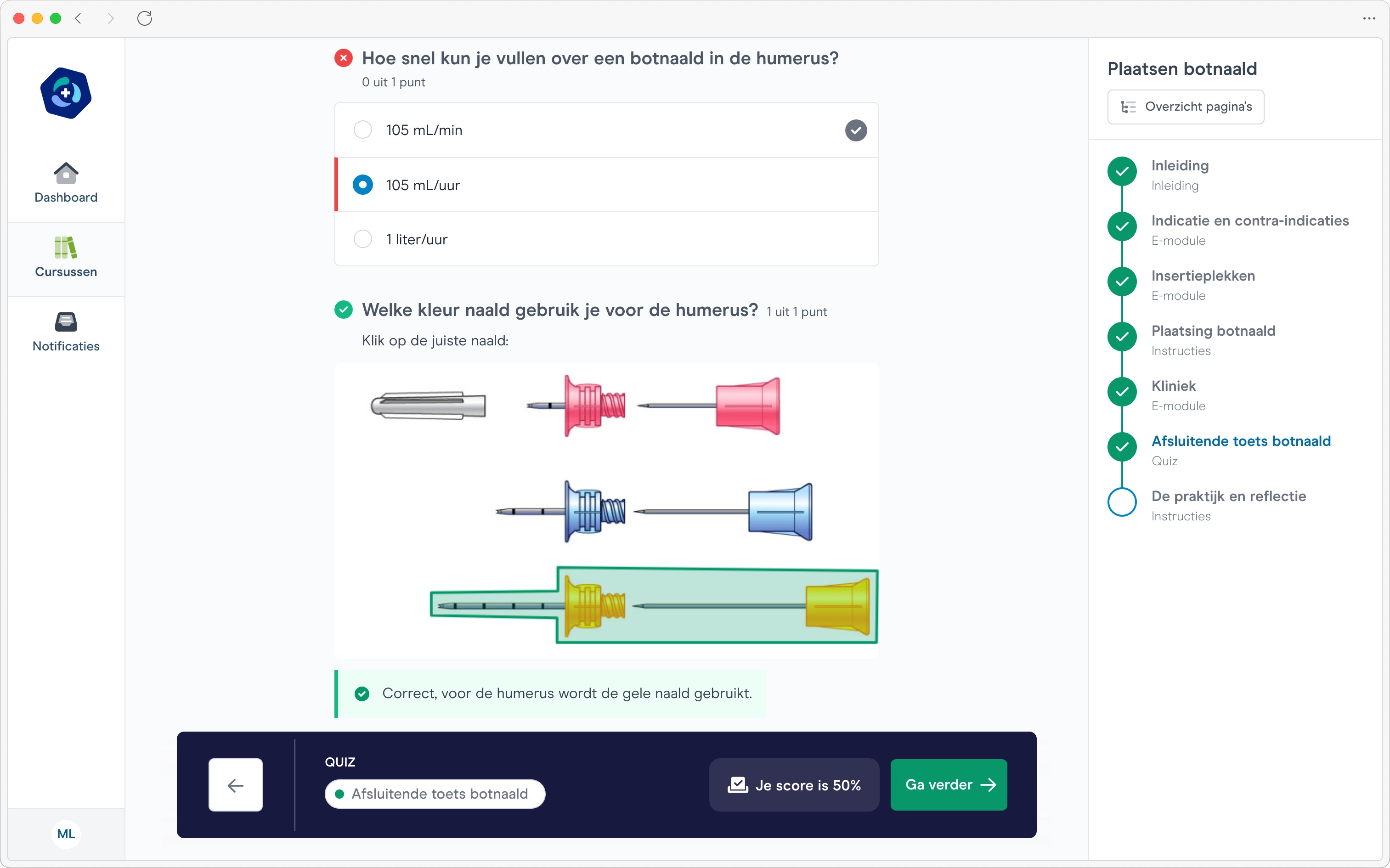 Screenshot van een e-module en toets in het leerplatform Carbon.