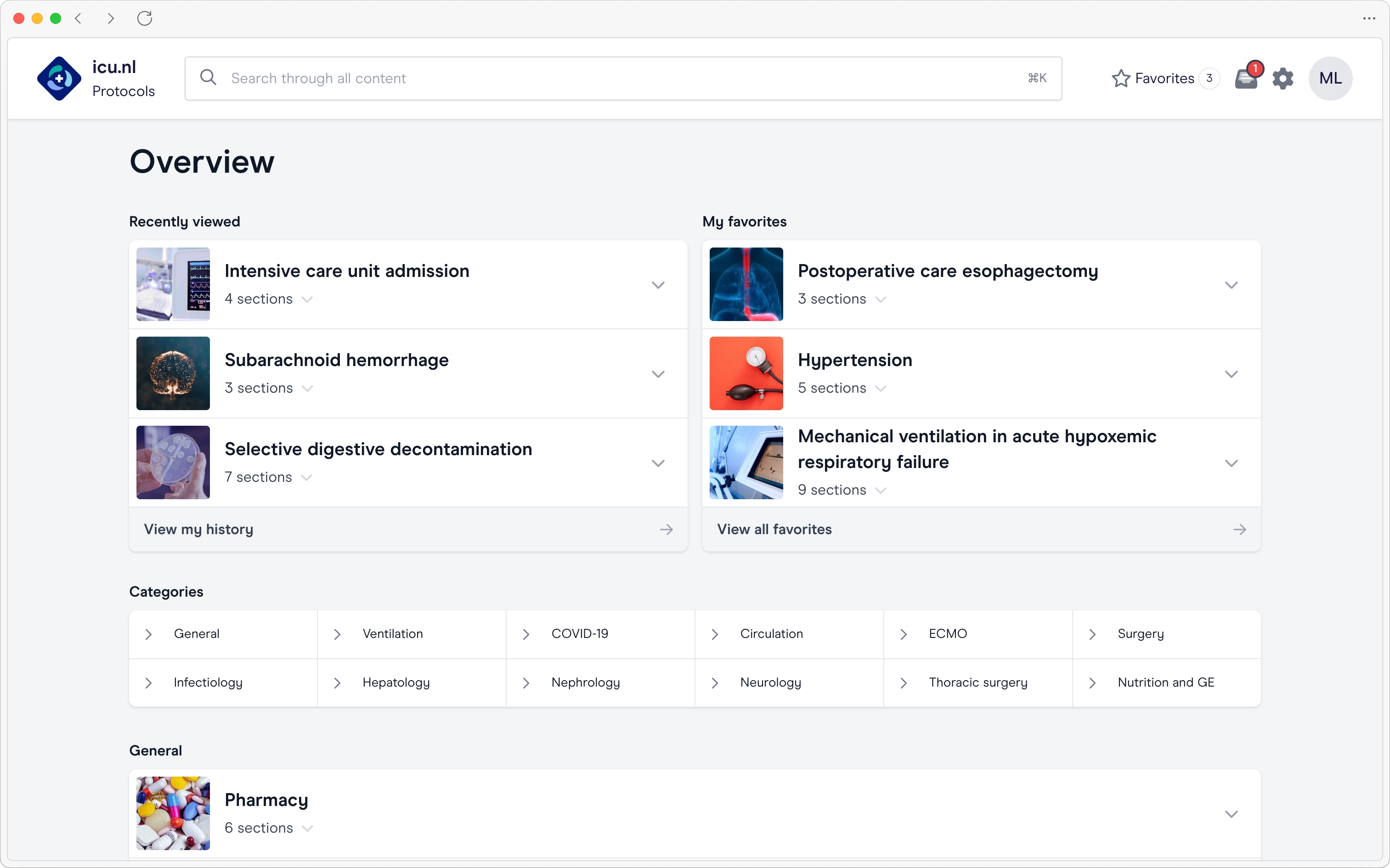 Screenshot of the Parallel application overview showing recently visited pages, favorites, and categories.